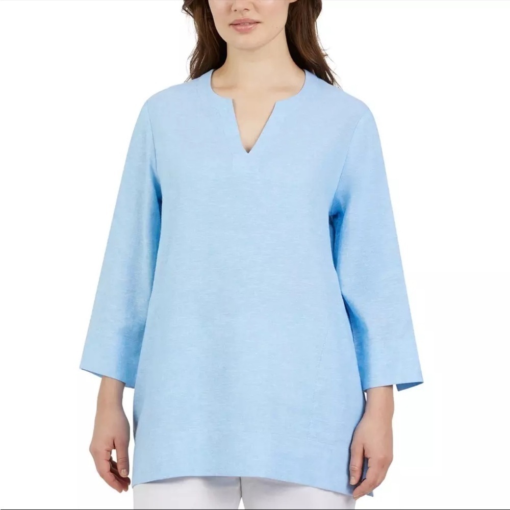 Lands’ End Women's Notch Neck Linen Viscose Tunic Pocket Beachy Boho Sz XXL Blue
